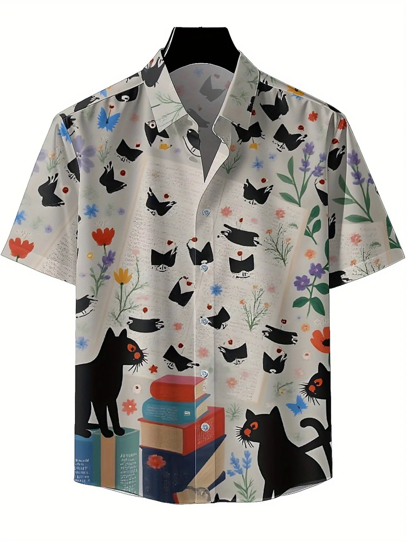 Men's Plus Size Hawaiian Shirts Butterflies and Cats Pattern,Unisex Baggy Aloha Shirts,Alternative Clothing