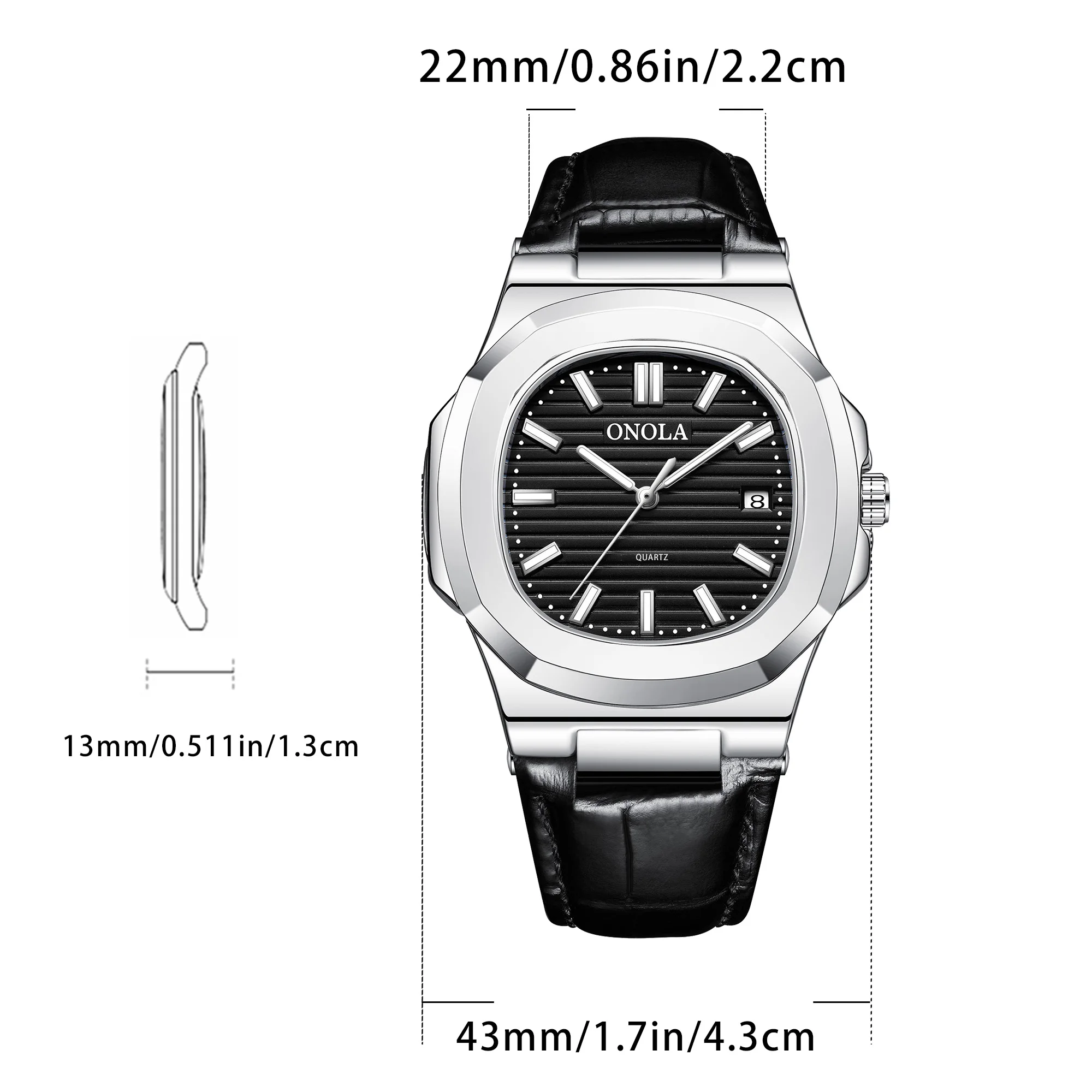 ONOLA Quartz Watch Silver Case Black Leather Strap Date Window Striped Dial Business Luxury Waterproof Watch