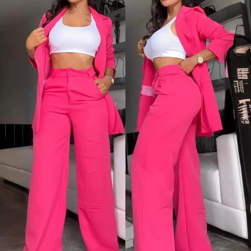 Ele Pure Color Split Sve irt Collar Suit Straight Leg Pants Set for Women Summer Faion Ensemble