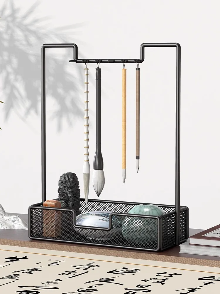 Iron Calligraphy Brush Holder - Multi-Functional Chinese Ink Pen Stand with Storage Compartments for Desk Organization