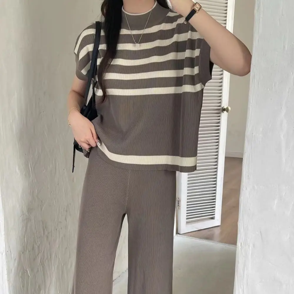 

Fashion Short Sleeve Knitwear Crop Top Ins Loose Stripe Knitted T-shirt Female Clothing Bottoming Shirt Casual Top Women Summer