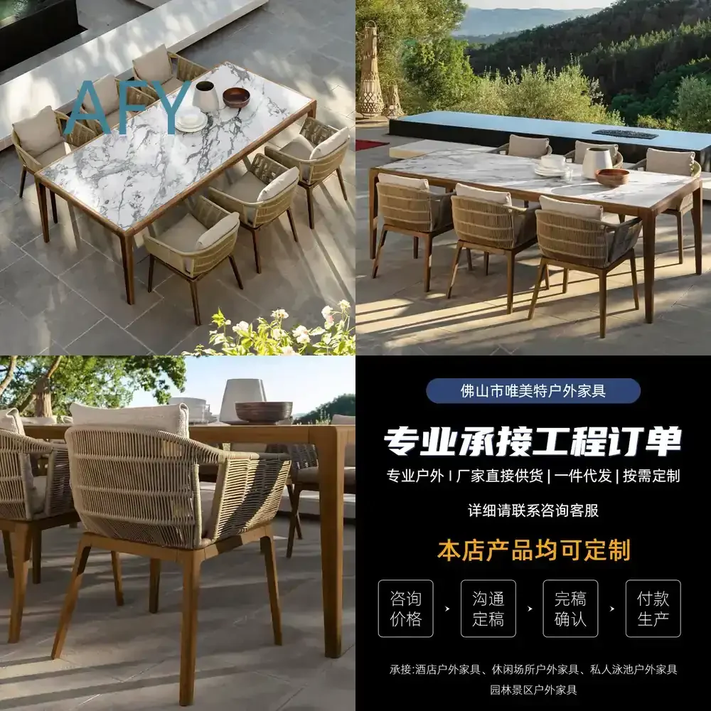 Outdoor Teak Dining Table and Chair Set Woven Rattan Chairs for Villa Hotel Garden Patio Sunroom Model Room Stone Slab Table