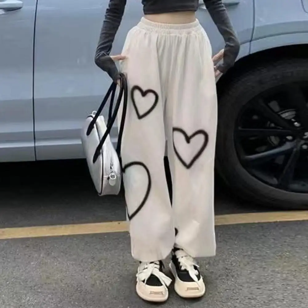 Women High-waist Pants Heart Print Wide Leg Trousers for Women High Waist Casual Sweatpants Street Style Slacks Casual Slacks