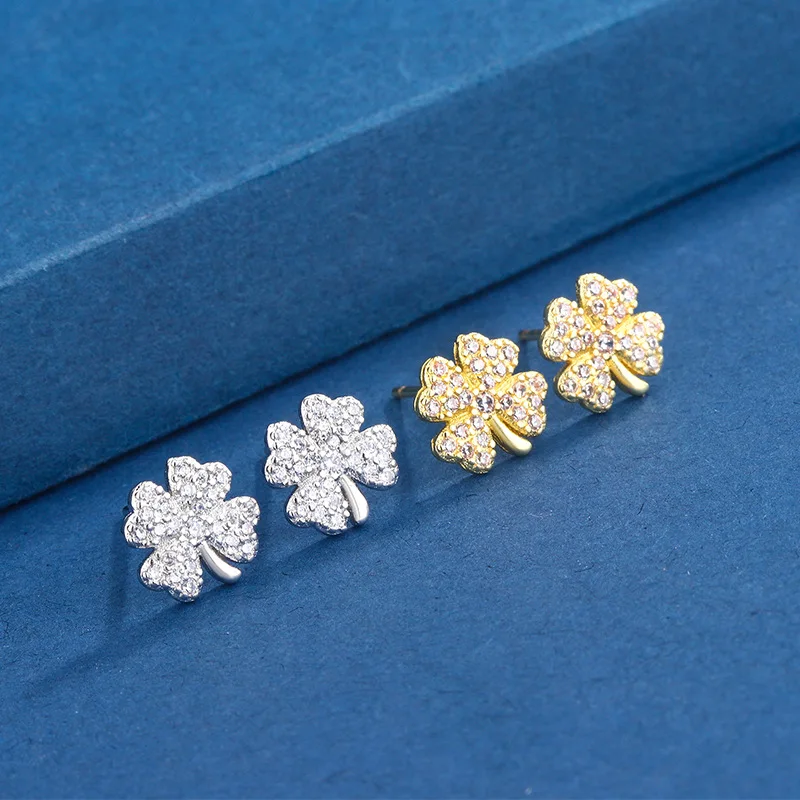 Simple Sweet Gold Silver Color Zircon Clover Stud Earrings for Women Daily Wear Versatile Earring Jewelry Accessories