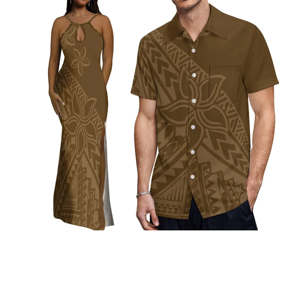 Een Polynesisch koppel uit de Stille Oceilanden op maat gemaakt Een zomerjurk en shirt met traditionele tribale bloemenprints