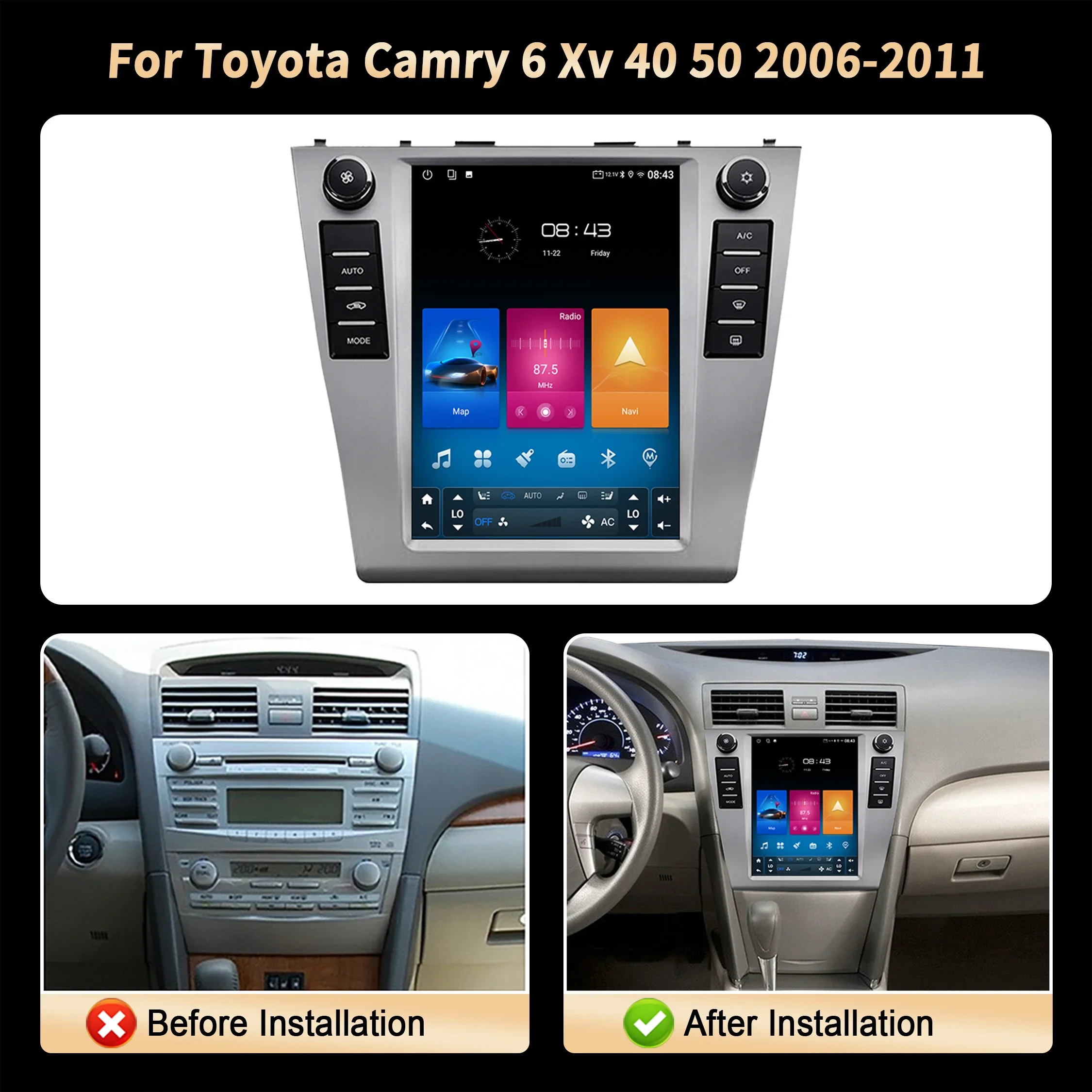 9.7 Inch Car Radio Multimedia For Toyota Camry 6 Xv 40 50 2006 2007-2011 Android Wireless Carplay 4G GPS Head Unit QLED Screen