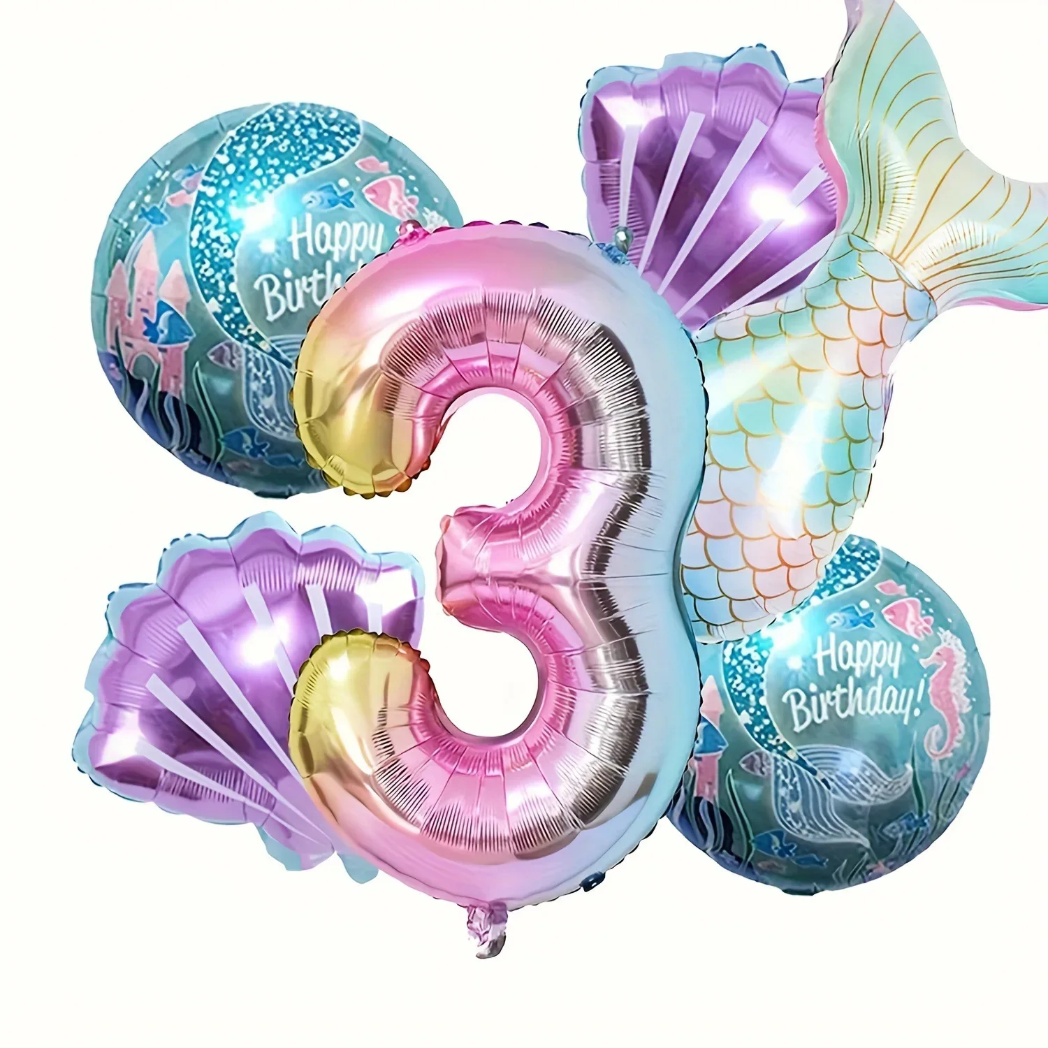 6-teiliges Meerjungfrauenschwanz-Kugel-Set aus digitaler Folienballon, Meerjungfrau, Ozean, Märchen, Meer, Thema, Mädchen, Geburtstag, Party, Nummer 0–9, Dekoration – Detail 9