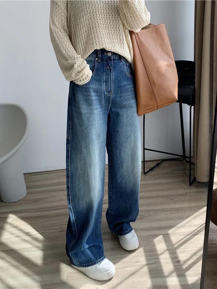 

Высококачественные корейские женские джинсы прямого кроя для осени и зимы, свободные, стройнящие, универсальные, с высокой талией, из смесового хлопка