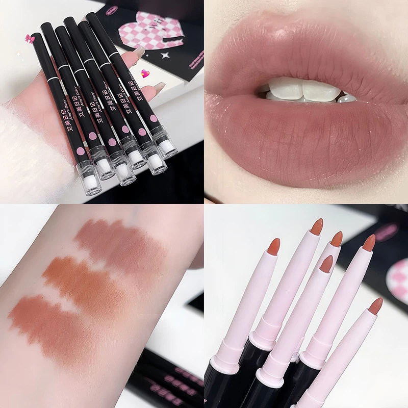 Double-Ended Waterproof Matte Lip Liner Pencil And Brush Outline Lipstick Long-Lasting Non-Stick Cup Natural Lip Makeup 3 Colors