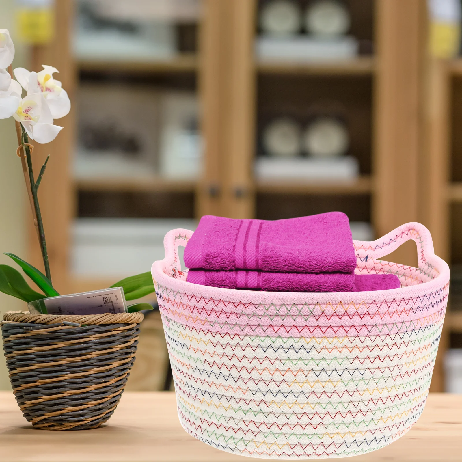 

Large Cotton Rope Woven Storage Basket with Handles Desktop Organizer Snack Holder Sundries Holder for Home