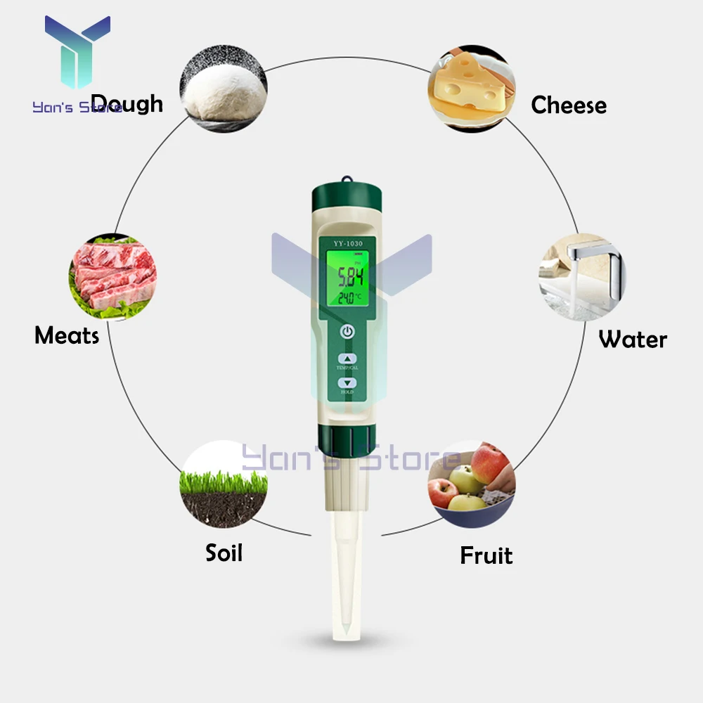 YY-1030 Food PH Meter Thermometer Electrode PH Measuring Instrumen for Aquarium Water Quality Tester Food Meat Cheese Milk Soil