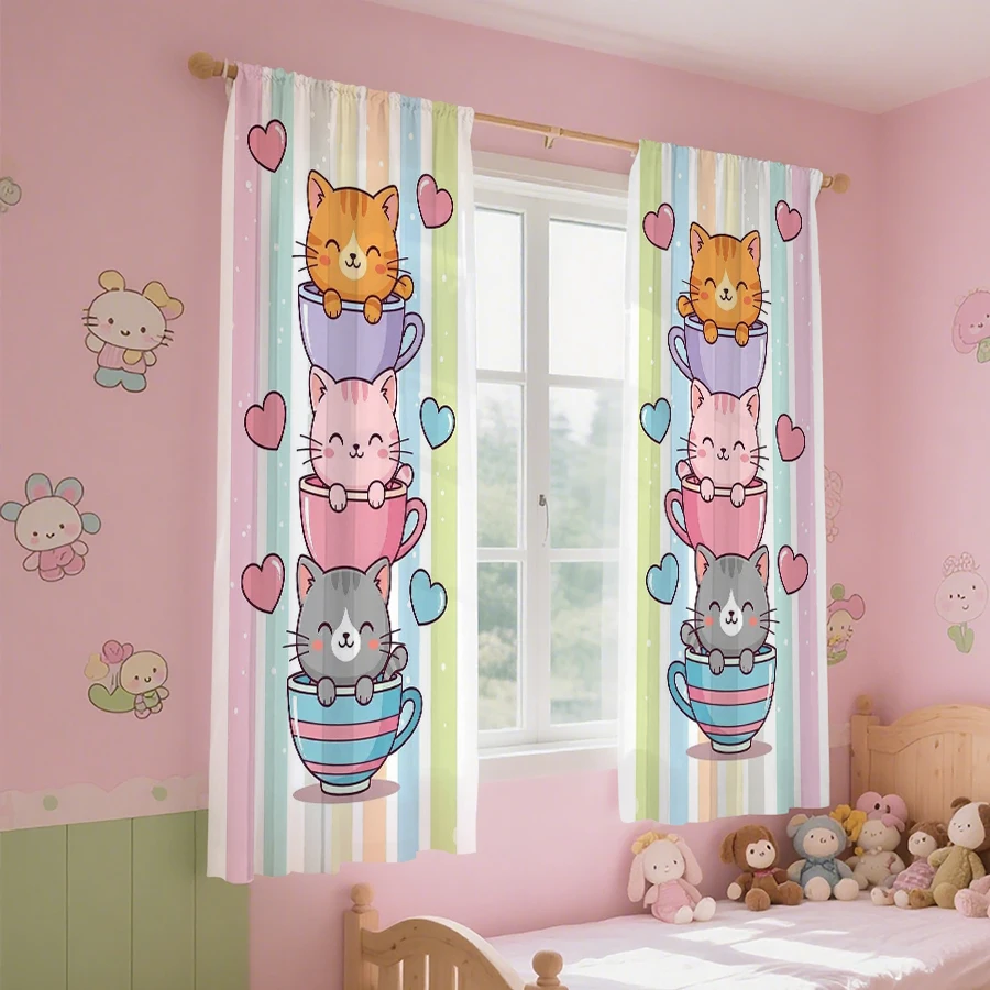 2 PCS Striped Cat Curtains, Cute Cartoon Style Window Drapes for Living Room Bedroom Home Decor Polyester Rod Pocket Design