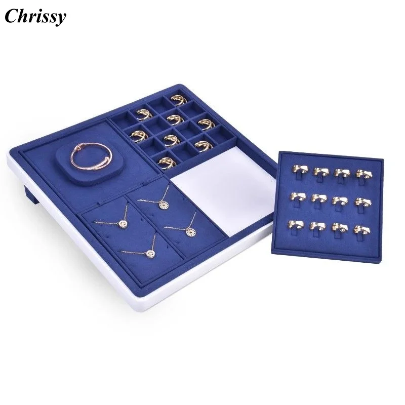 

Blue Suede Jewelry Display Set, Luxury Microfiber Stands & Trays for Jade Pearl Silver Jewelry, Necklace Ring Earring Showcase