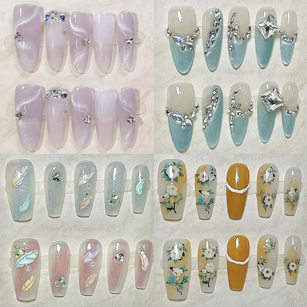 

10Pcs Bright Gradient Blue Premium Texture Fake Nails Flash Color Small Diamond Mint Green Cat Eye Press-On Nails Party Gifts