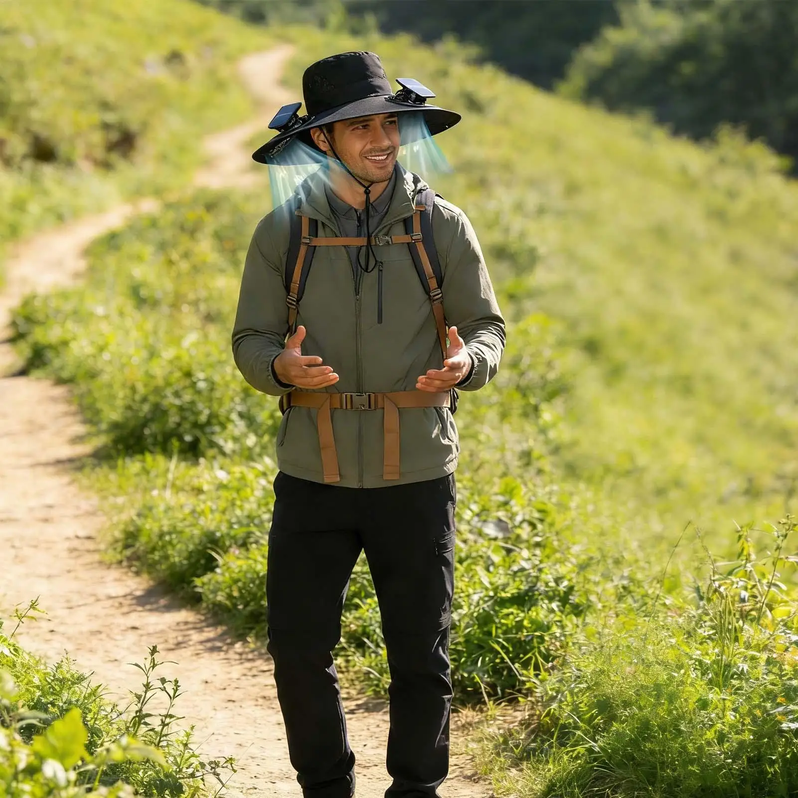 

Солнцезащитная шляпа с вентилятором и широкими полями, дышащая, для лета, для садоводов, рыбаков, кемпинга, пляжа, гольфа, путешественников