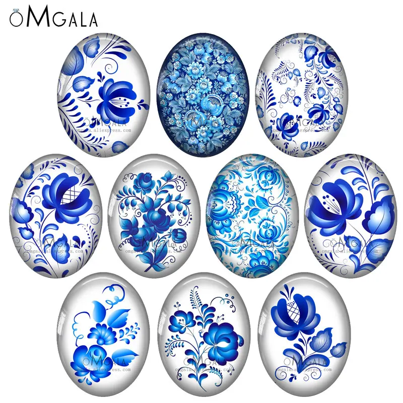 Blue Russia Folk Flowers Art Patterns 10pcs 13x18mm/18x25mm/30x40mm Oval photo glass cabochon demo flat back Making findings