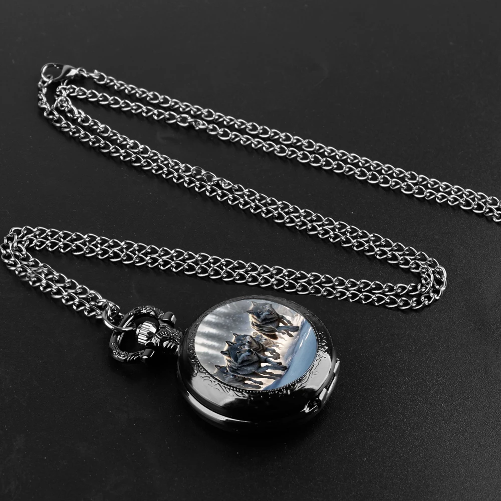 Wolf Pack Practical Gifts Glass Dome Arabic Numerals Quartz Pocket Watch Necklace Pendant Clock with Chain Men Women Gift