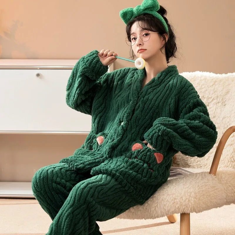 Famale Winter Household Apparel Flannel Pajamas Women Thickened Loungewear Suit Lady Warm Home Clothing Two-piece Sets Pijamas