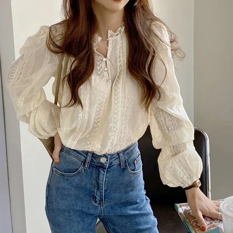Élégant dentelle femmes mode Blouse nouveau printemps automne à manches longues décontracté bureau chemise ample dames col montant haut Simple vêtements
