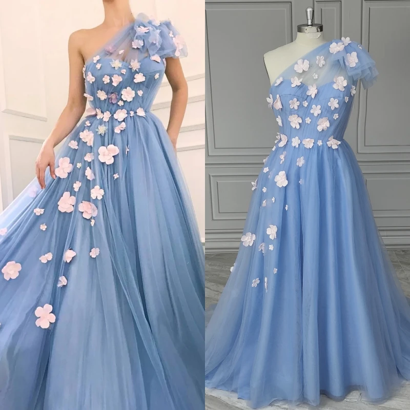 15203# Customized One Shoulder 3D Flowers Lace A-line Wedding Gown Birthday Party Dress For Plus Size Women Prom Evening Dress