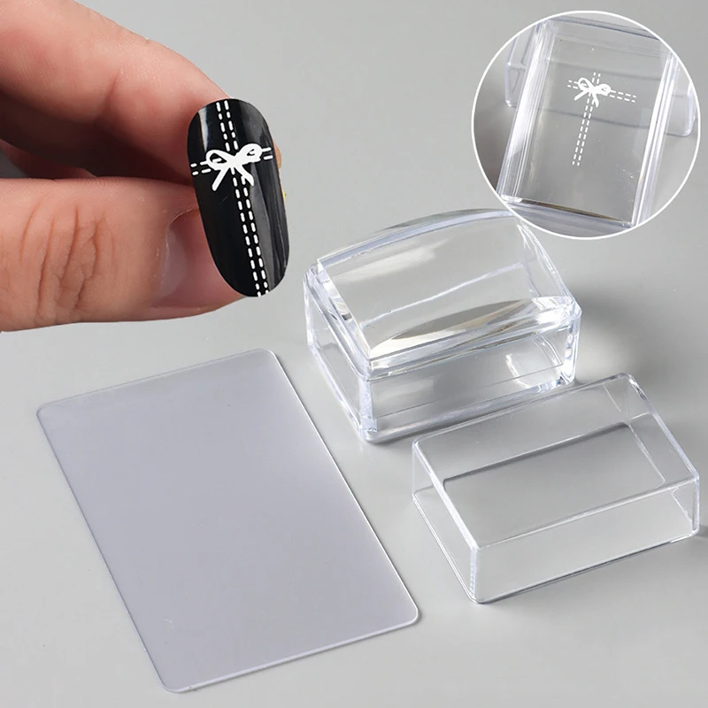 Tampon rectangulaire Transparent pour Nail Art, avec grattoir, outil de transfert de tête en Silicone, gelée claire rapide, estampage français, manucure