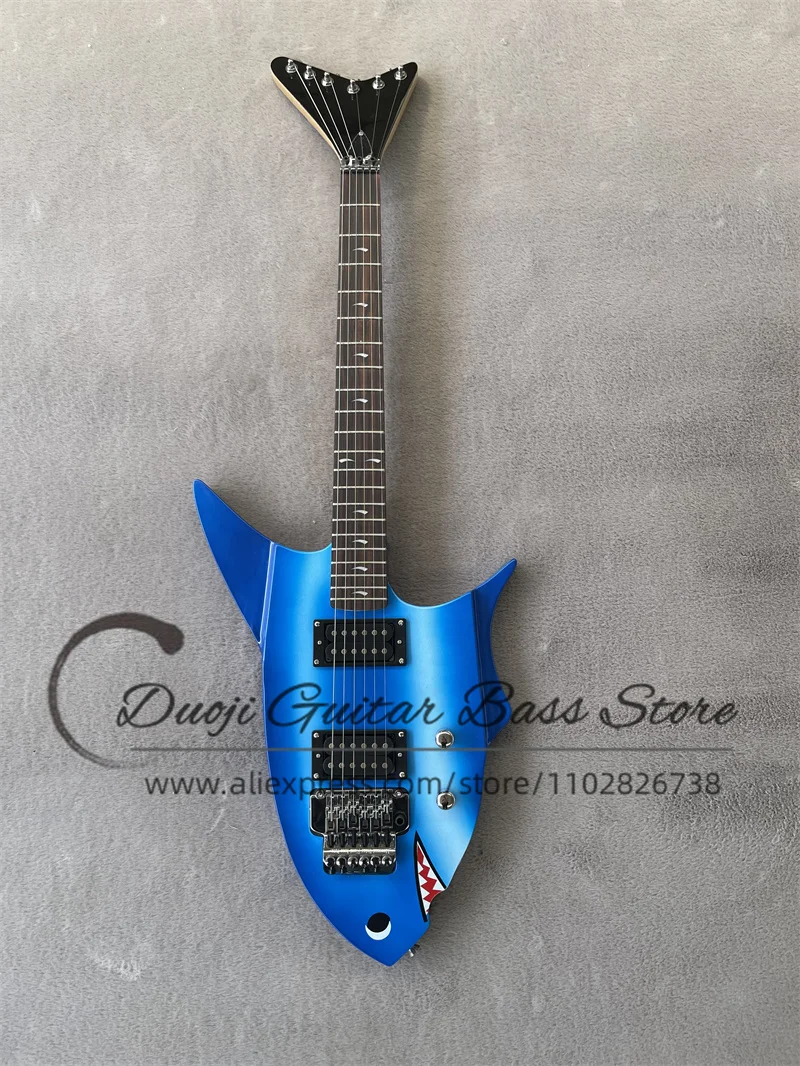 Blue Shark Electric Guitar White Silver body Maple Neck Rose wood fingerboard fish inlaid Tremolo Bridge Chrome hardware factory