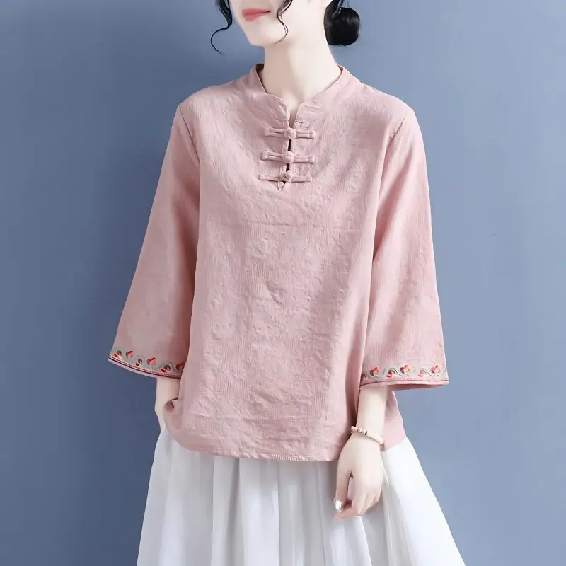 

Cheongsam Women's Plus Size Tops 2025 Summer Cotton Blend Splicing Embroidery Stand Collar Chinese Style Qipao Shirts Woman