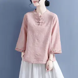Cheongsam Women's Plus Size Tops 2025 Summer Cotton Blend Splicing Embroidery Stand Collar Chinese Style Qipao Shirts Woman