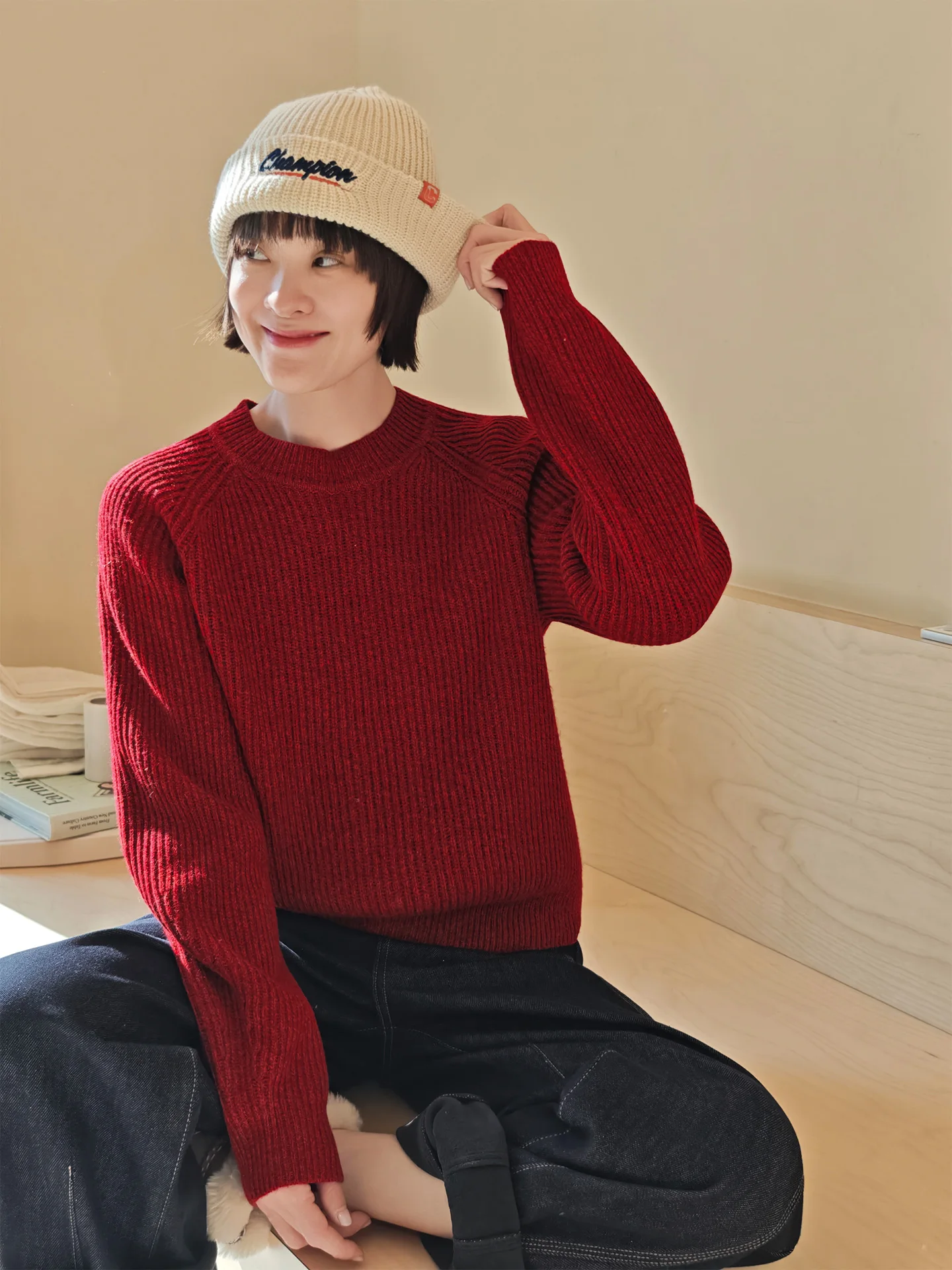 

Red Velvet Knitted Woolen Sweater Loose Fit Cisas Aosphere Women's Winter Warm Knitwear Casual round Ne Long Sve