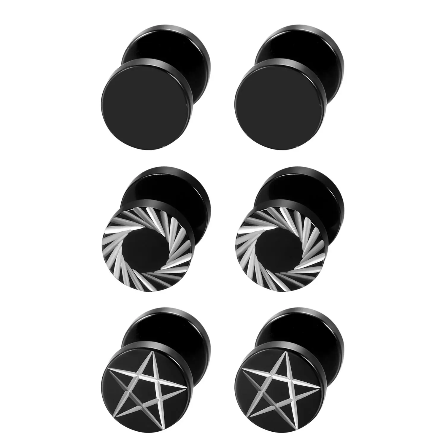 

2Pcs/6Pcs Black Stainless Steel Mens Womens Pentagram Stud Earrings Pierced Faux Gauges Ear Plugs Tunnel Illusion 8mm/10mm