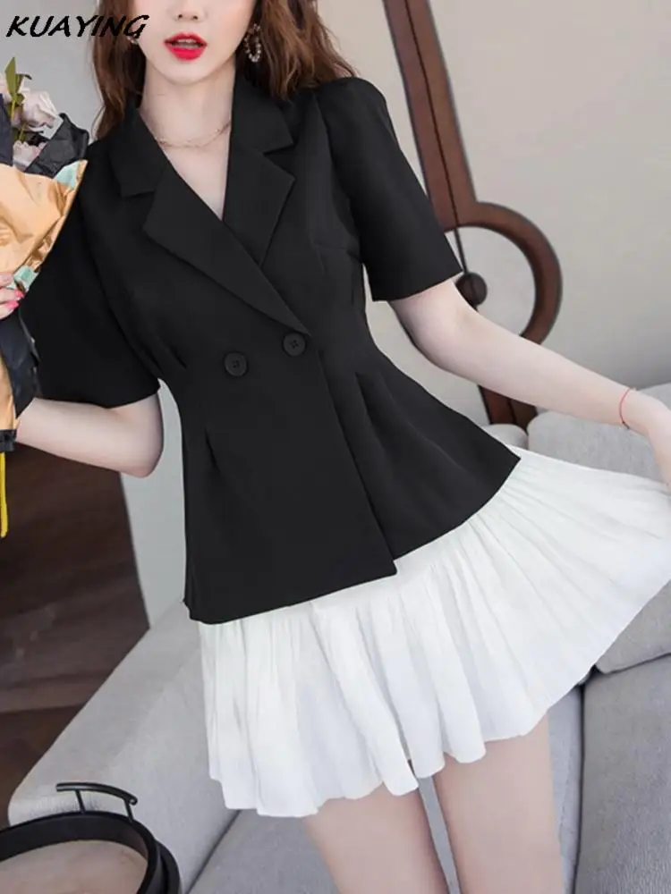 Y2K Fashion Blazers Pleated Short Skirt Suits Summer Black White Short Sleeve Temperament Korean Women\'s Clothing Two Piece Set