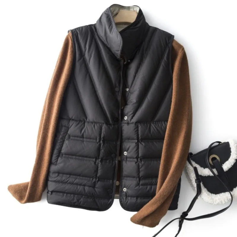 Autumn Winter Women\'s New Laminated White Duck Down Stand Up Collar Down Jacket Vest Solid Color Fashionable and Simple Jacket