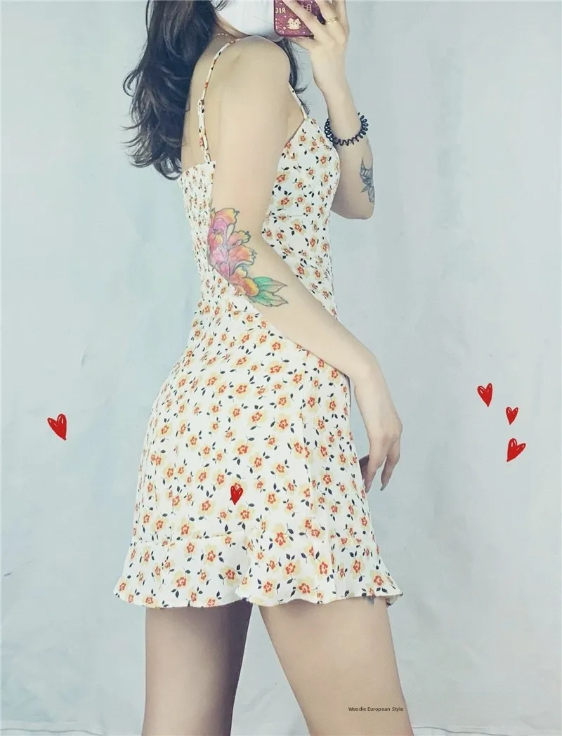 Fre Floral Print V-Ne Wrap Chest Strap Dr High Waist ort Skirt Women's Summer Vaion Ins Street Sle A-Line Dr