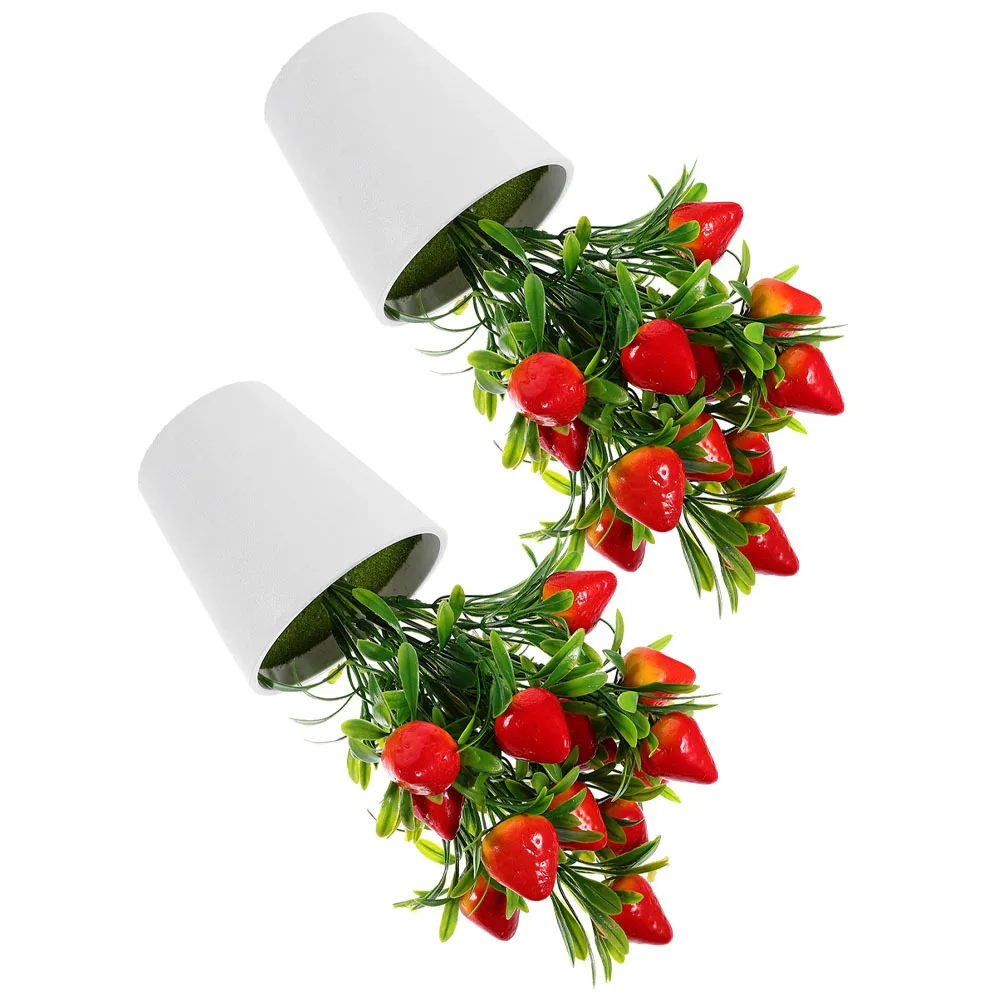 2セット シミュレーションイチゴの木 2セット リアルなフェイク盆栽 家庭 オフィス装飾 デスクトップ 人工果物鉢植え