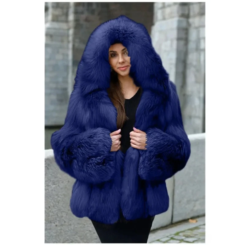 Mid-Length Fox Fur Jackets Winter Keep Warm Fashion Fur Coat Outwear Women Long Sleeve  Hooded Warm Fur Outwear Jackets