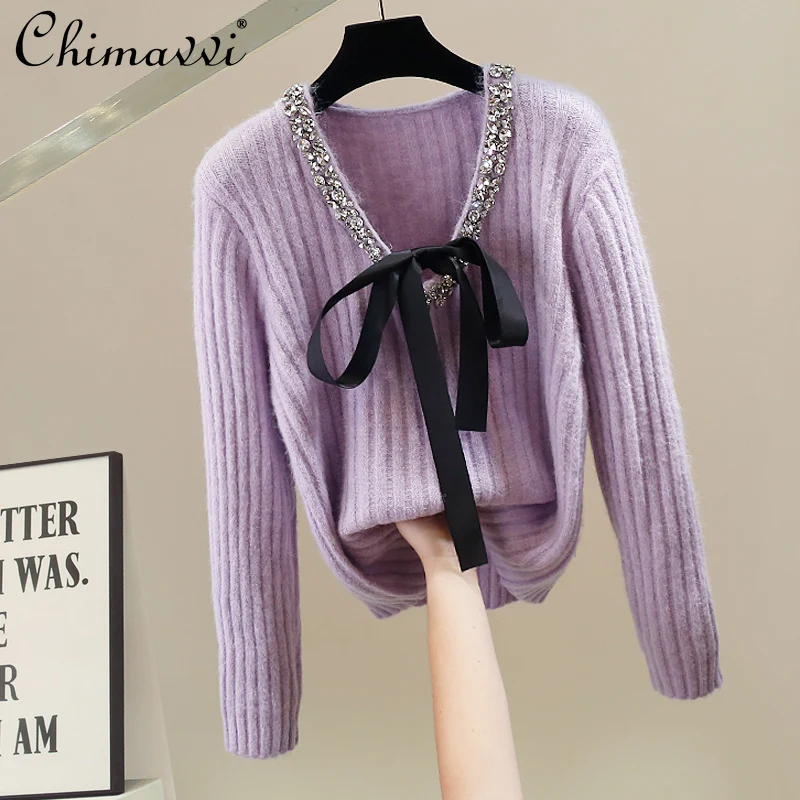 

Autumn Clothes New Korean Fashion Heavy Bowknot Patchwork Knitted Sweater Sweet Girl Loose Long Sleeve Pullover Women Top