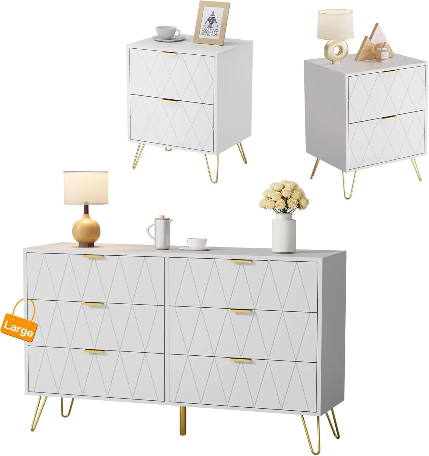 White Bedroom Furniture Set 3 Piece, Nightstand Set of 2 & 6 Drawer Dresser, Modern Storage Combo for Bedroom, Customized
