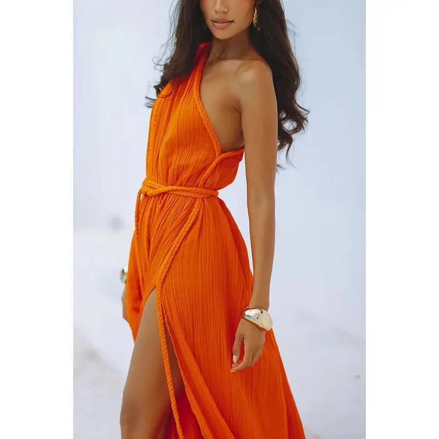 Faionable لون نقي شاطئ Vaion Dr Cover irt الملابس النسائية عقدة حبل Sli الصيف ميدي Dr فضفاض الخصر #4