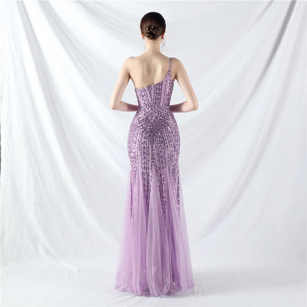 Women's One Shoulder  Sequined Heavy Industry Beading Mesh Stiching Prom Dresses  Evening Gowns