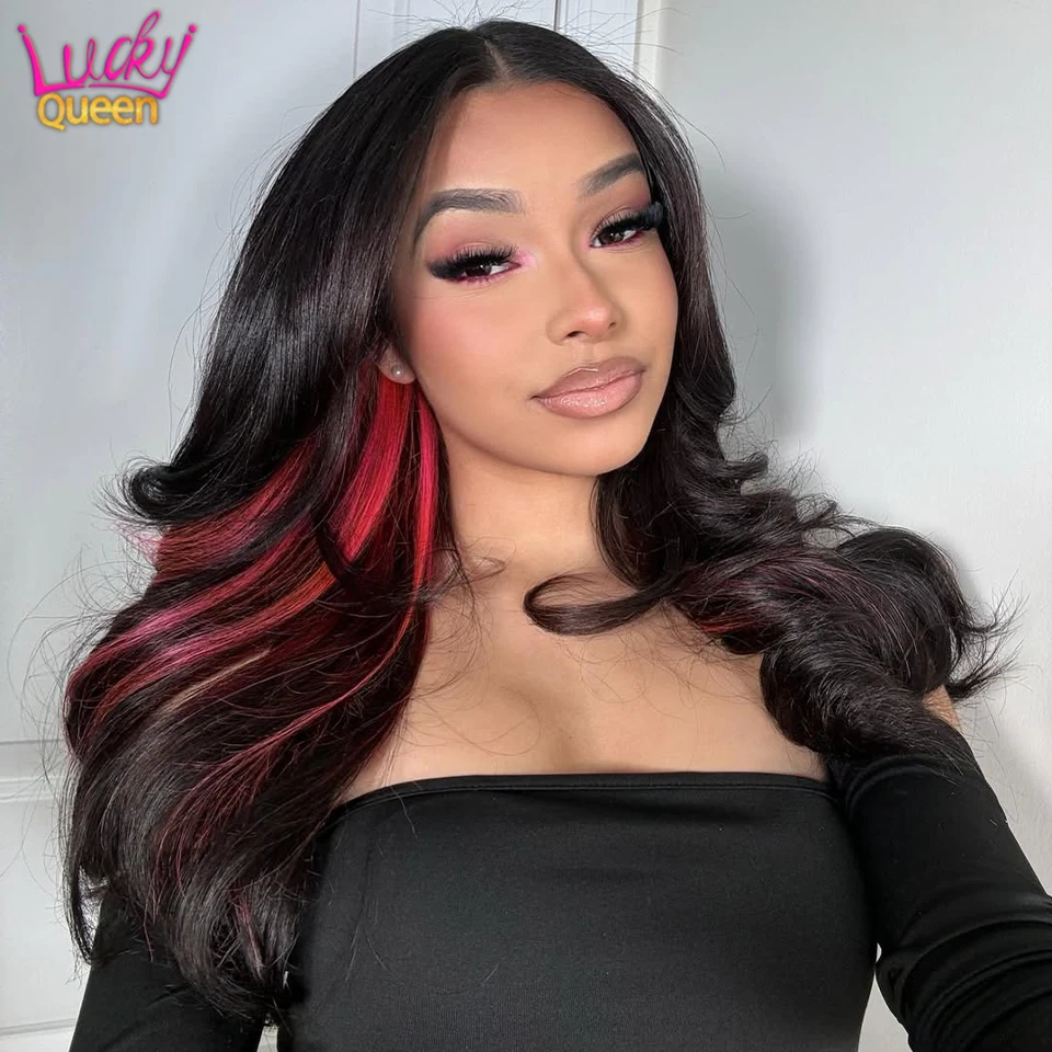 

Half Highlights Pink 180 Density Pre Plucked 13X4 13X6 Frontal Wigs Brazilian Human Hair For Women Body Wave Transparent Lace