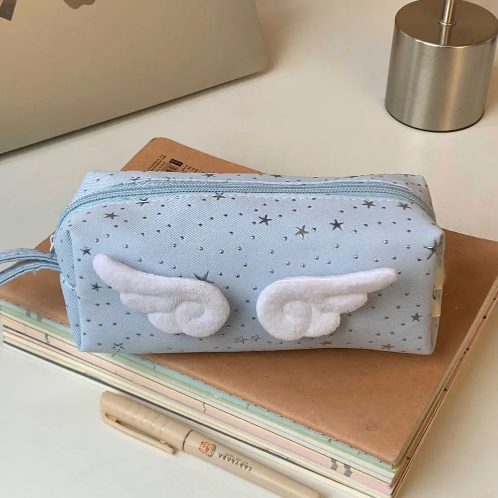 Estuche para lápices con estampado de alas y puntos de estrellas, estilo coreano Y2k, gran capacidad, bolsa para bolígrafos, almacenamiento de escritorio, almacenamiento de papelería