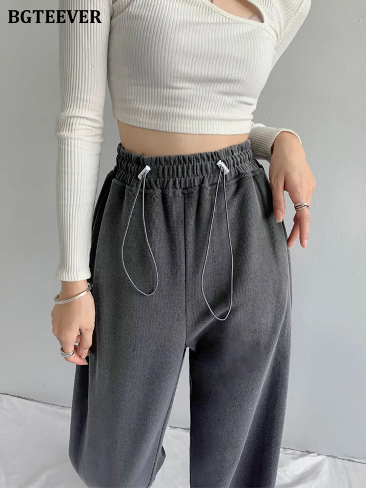 

BGTEEVER Spring Autumn Loose Drawstring Trousers Women Elastic High Waist Casual Pockets Solid Sweatpants Female