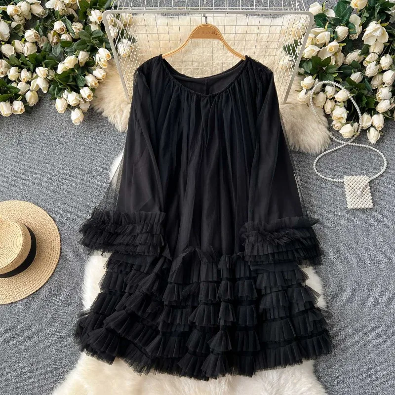 Sukienka Gymystars z siateczki w jednolitym kolorze, jesienne sukienki damskie, modna, luźna, w kształcie litery A, z okrągłym dekoltem, warstwowa, elegancka sukienka na wesele/imprezę dla kobiet.