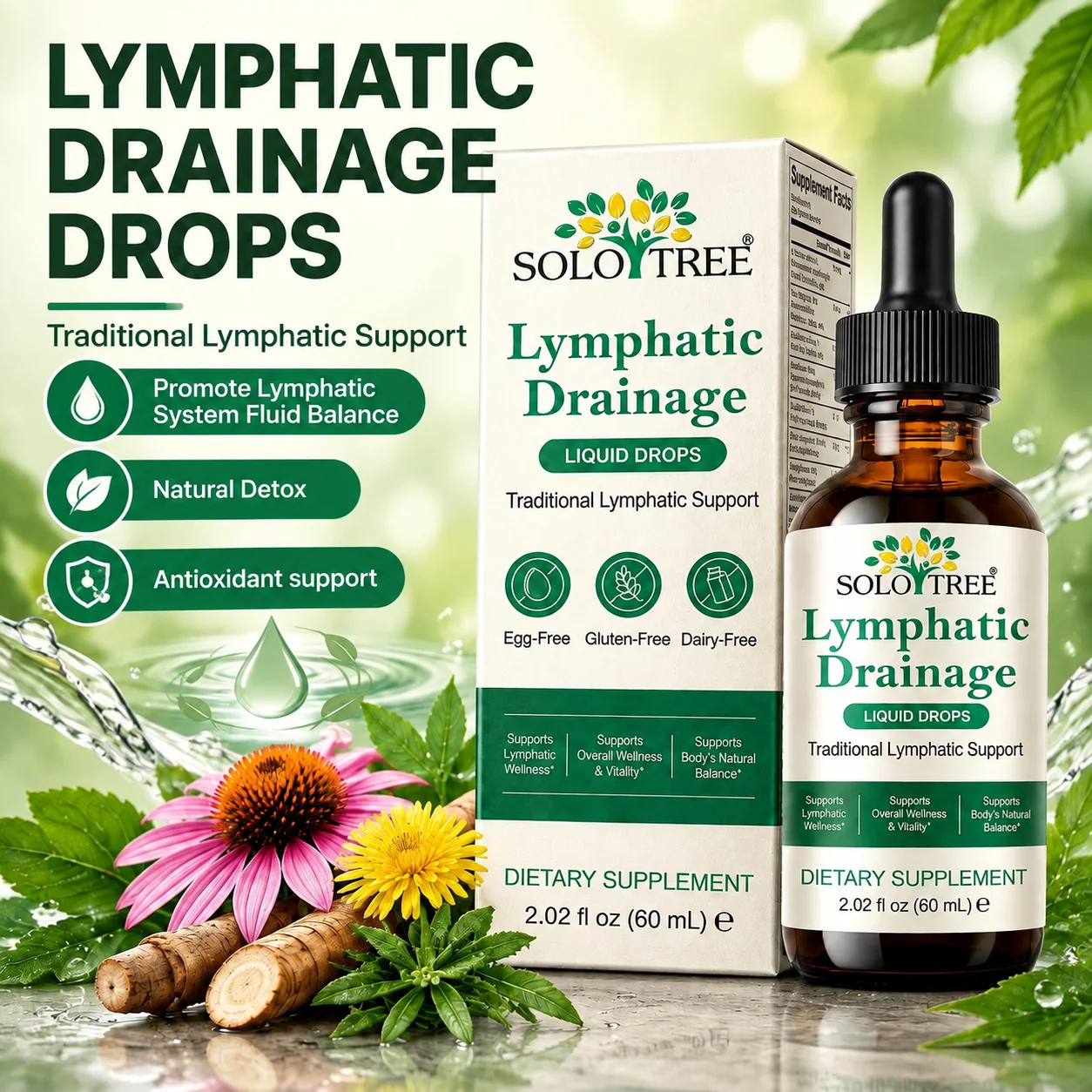 Lymphatic Drainage Liquid Drops Promote Lymphatic System & Fluid Balance & Natural Detox ，Antioxidant Echinacea Dandelion 60ml