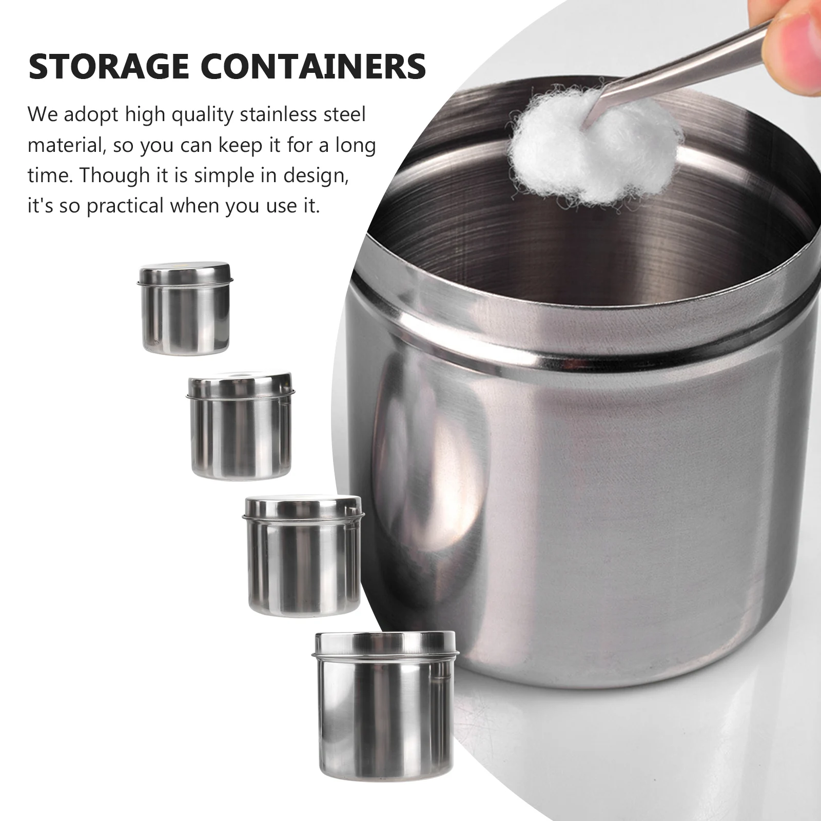 

4Pcs Stainless Steel Dressing Jar Box Cotton Ball Storage Container Beauty Salon Use