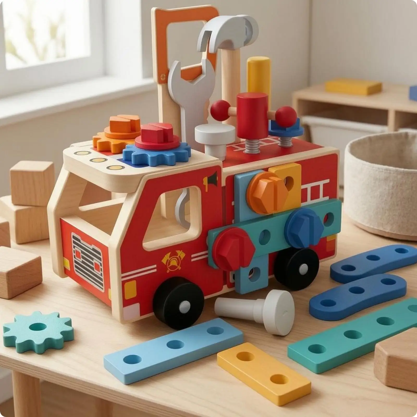 Wooden Assembly Fire Truck Interactive Play Screw-on Building Truck Colorful