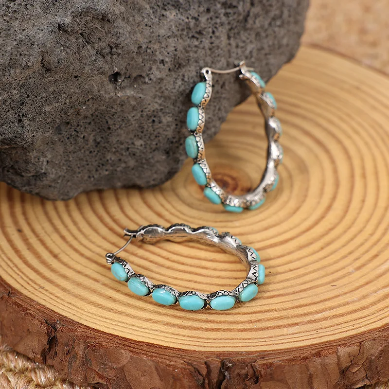 Retro Western Sle Turquoise Earrings Unique Ethnic U-aped een Turquoise Hoop Earrings Faionable Jewelry Accories