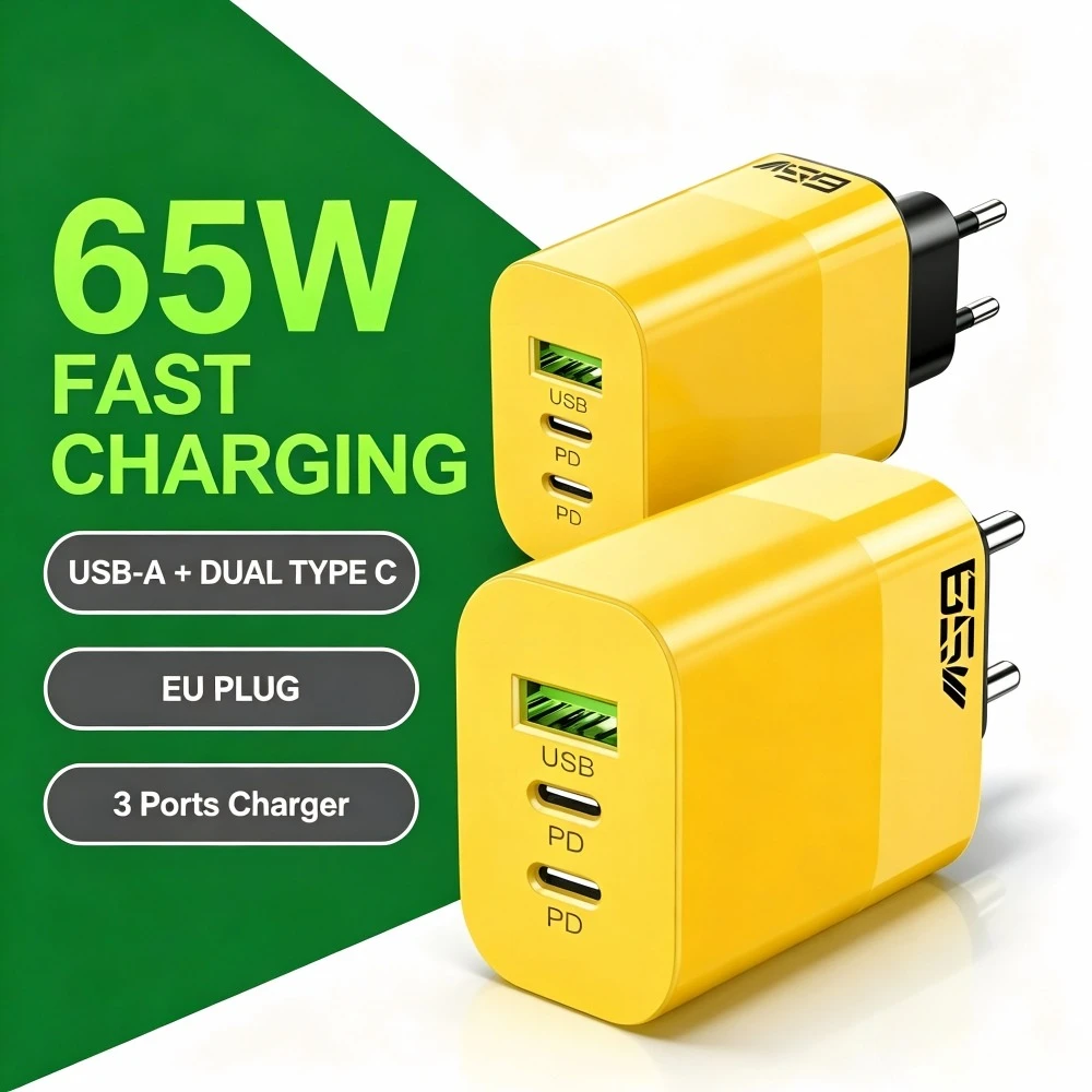 65W USB Fast Charger 3-Port High Quality Charging Block Type C Charger For iPhone Xiaomi Huawei Samsung Power Adapter EU/US Plug