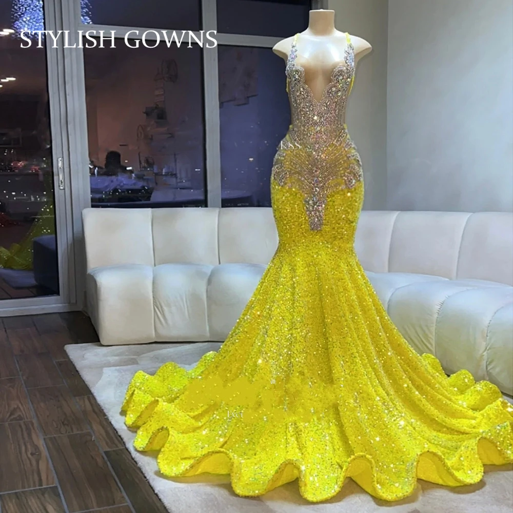 Sparkly Yellow Sweetheart Long Prom Dress Black Girl Bead Crystal Diamond Birthday Party Gowns Sequin Evening Dresses Customized