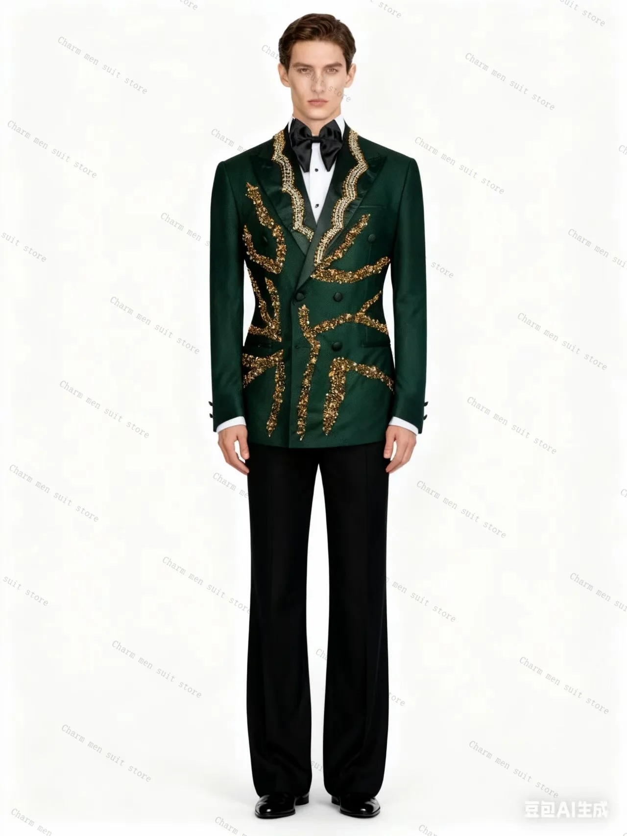 

Luxury Green Men Suits Set 2 Pcs Blazer+Pant Trousers Wedding Tuxedo Golden Crystals Formal Office Groom Jacket Cotton Coat
